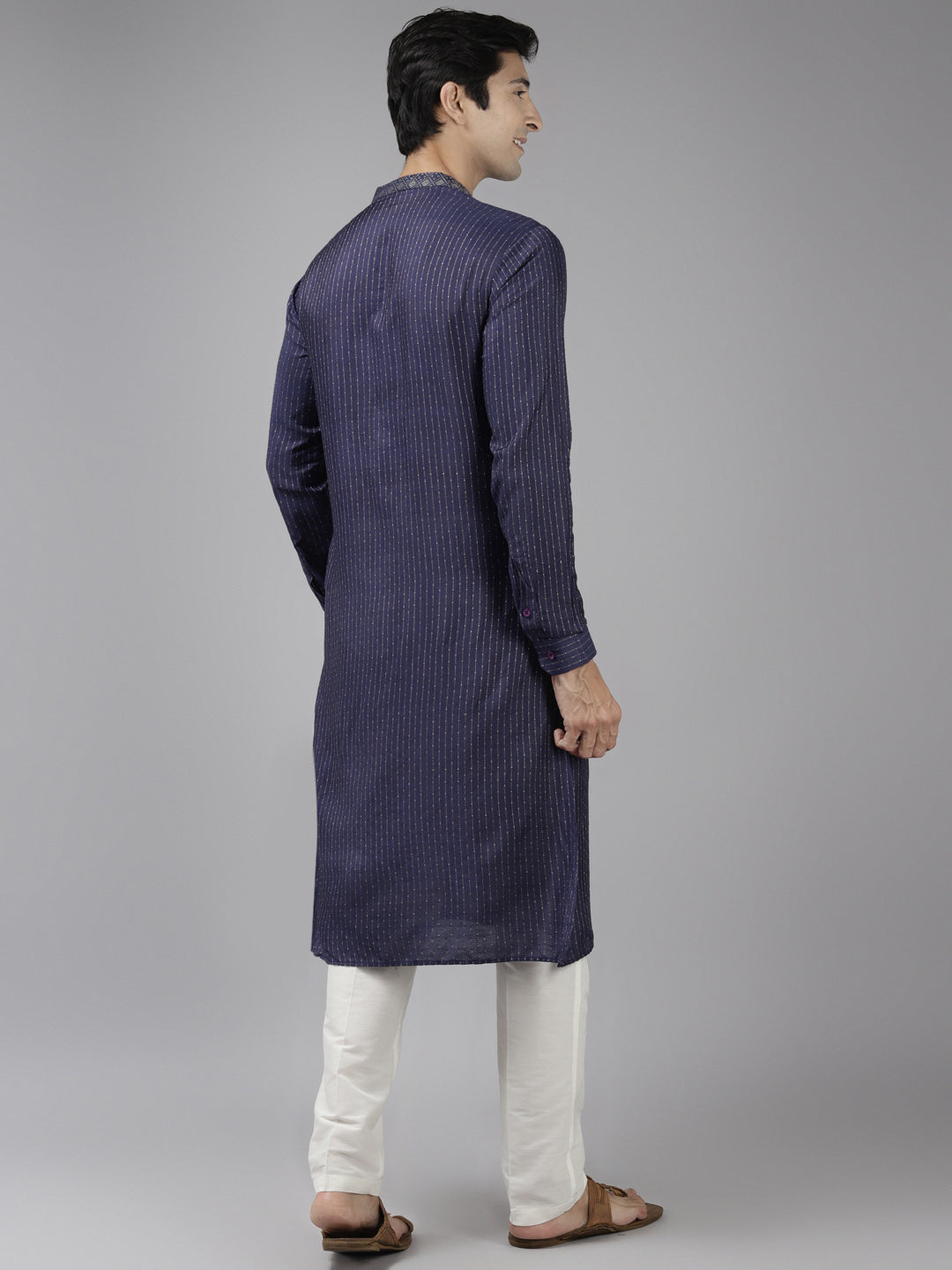Buy Men's Blue Art Silk Woven Thread Work Kurta Pajama Set Online - Back