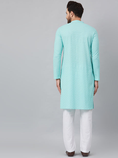 Buy Men's Turquoise Blue Cotton Chikankari Embroidered Kurta Pajama Set Online - Back