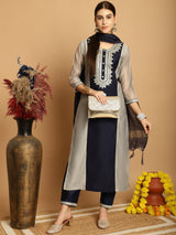 Grey  Chanderi Printed Kurti Set