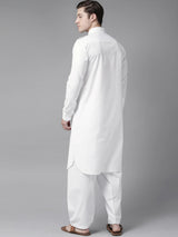 Buy Men's White Cotton Solid Pathani Set Online - Front