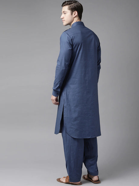 Buy Men's Navy Blue Cotton Solid Pathani Set Online - Front