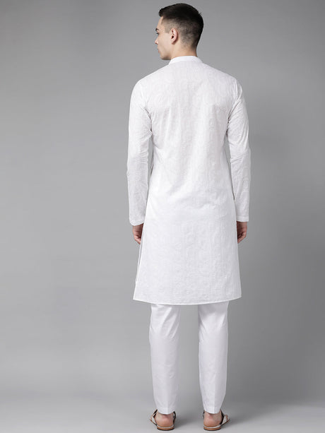 Buy Men's White Pure Cotton Chikankari Embroidered Kurta Pajama Set Online - Side