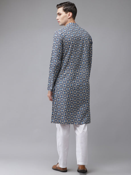 Buy Men's Blue Cotton Printed Kurta Pajama Set Online - Back