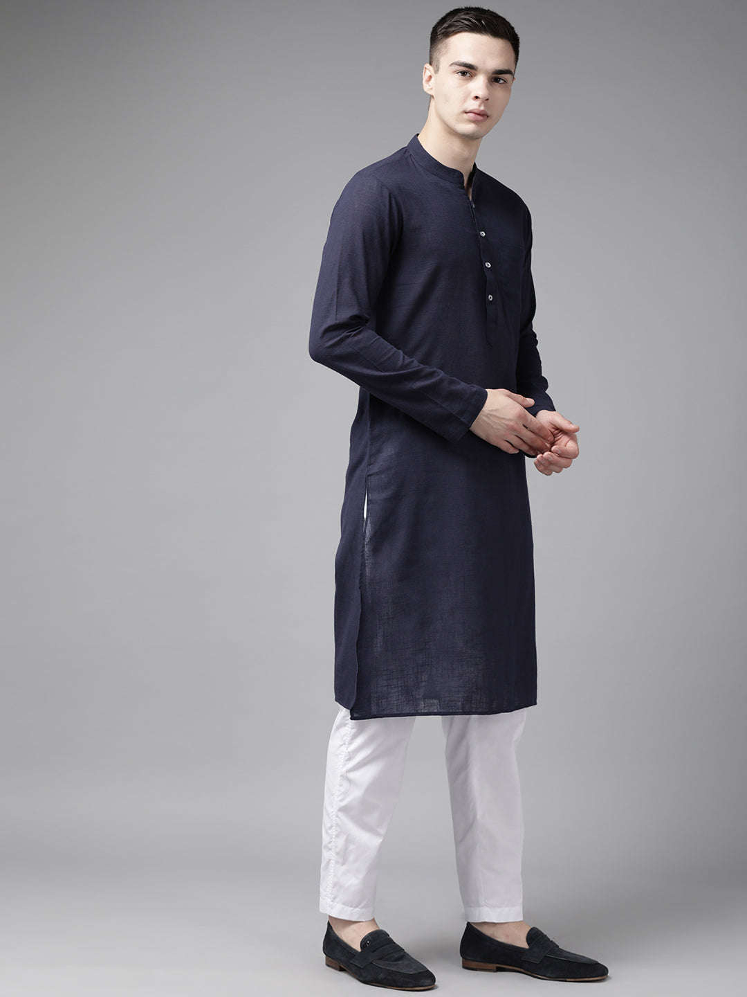 Buy Men's Navy Pure Cotton Printed Kurta Pajama Jacket Set Online - Front