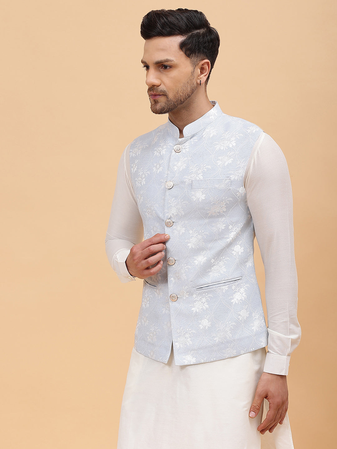 Buy Men's Sky Blue Art Silk Jacquard Woven Design Nehru Jacket Online - Zoom In