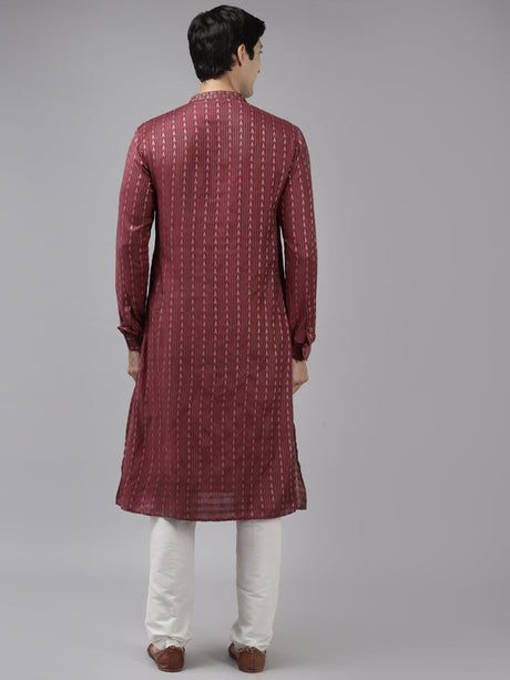 Buy Men's Burgundy Art Silk Woven Thread Work Kurta Pajama Set Online - Back