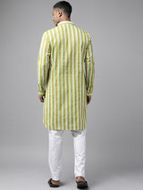 Buy Men's Lime Green Pure Cotton Stripe Printed Pathani Set Online - Side