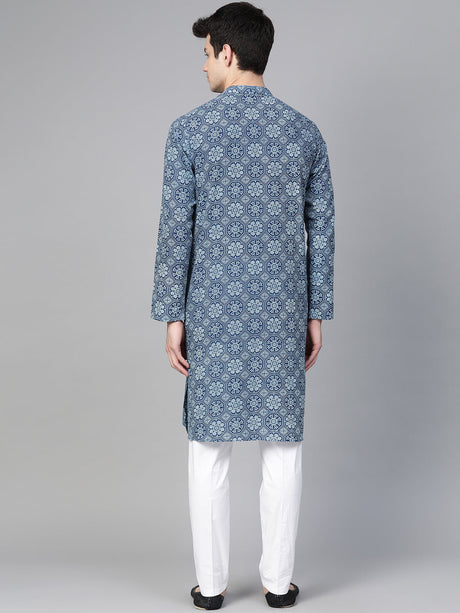 Buy Men's Blue Cotton Tie-And-Dye Block Prints Kurta Pajama Set Online - Front