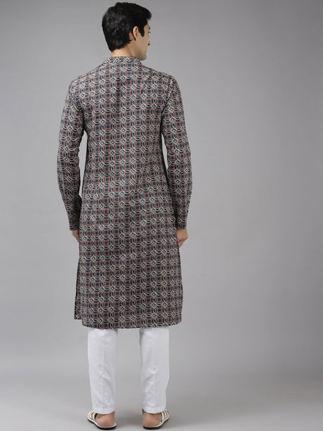 Buy Men's Blue Cotton Geometric Printed Straight Kurta Online - Back