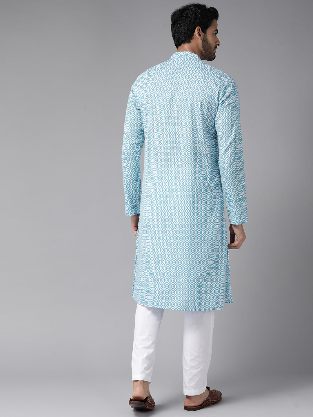 Buy Men's Blue Pure Cotton Printed Kurta Pajama Set Online - Side