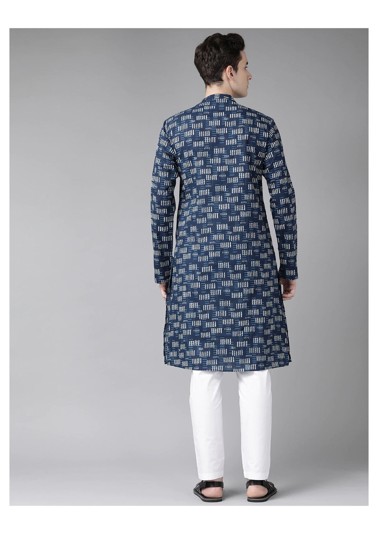 Buy Men's Blue Cotton Printed Kurta Pajama Set Online - Back