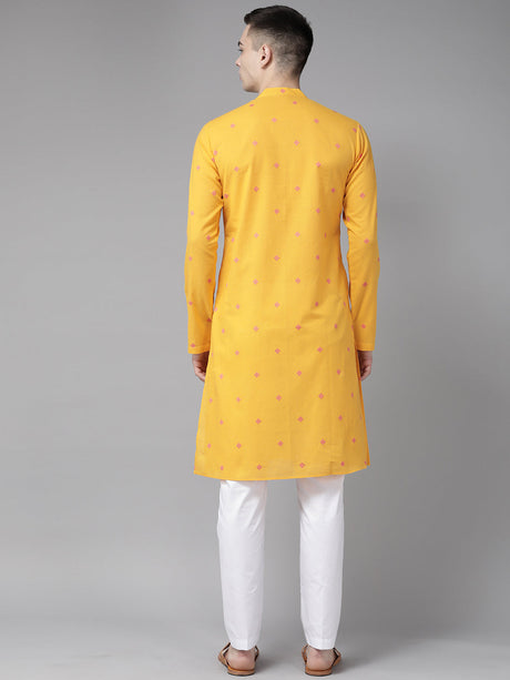Buy Men's Yellow Cotton Printed Straight Kurta Online - Side