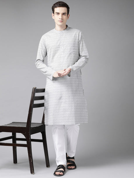 Buy Men's Grey Cotton Printed Straight Kurta Online