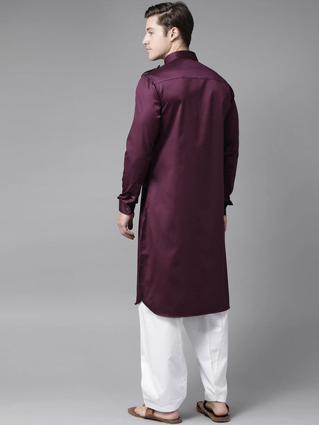 Buy Men's Purple Cotton Solid Pathani Set Online - Front