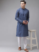 Buy Men's Blue Cotton Stripe Printed Kurta Pajama Set Online