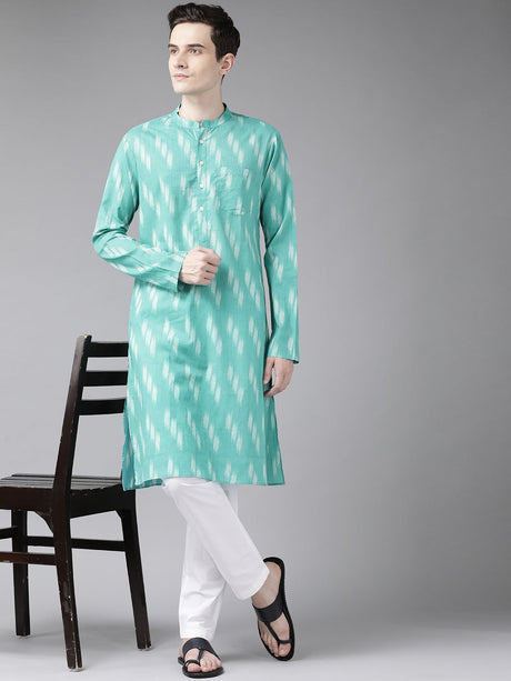 Buy Men's Turquoise Blue Cotton Printed Kurta Pajama Set Online