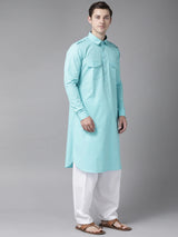 Buy Men's Sea Green Cotton Solid Pathani Set Online - Side