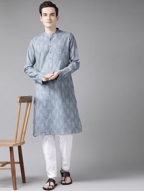 Buy Men's Grey Cotton Printed Kurta Pajama Set Online