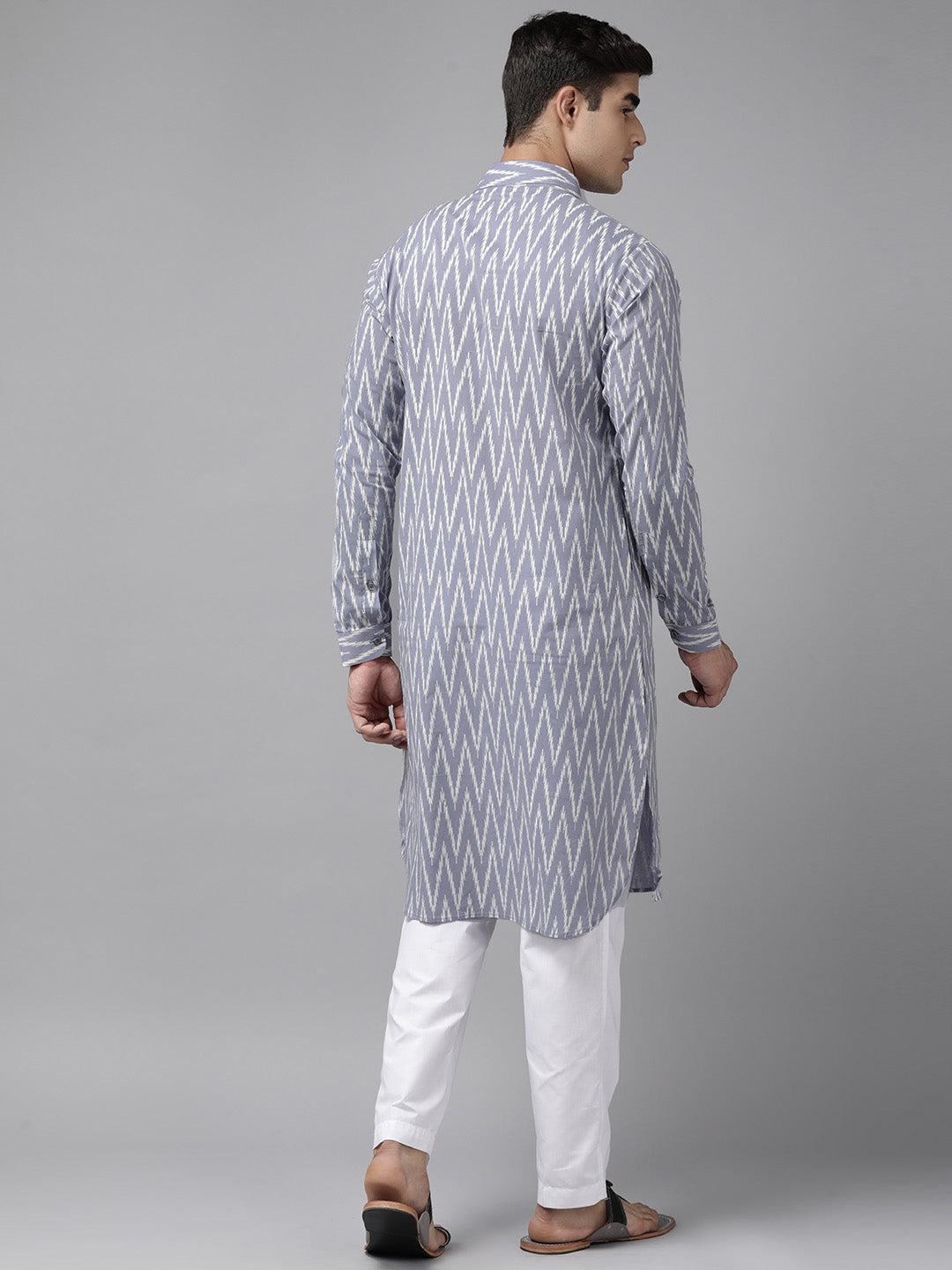 Buy Men's Light Grey Pure Cotton Chevron Printed Pathani Set Online - Side