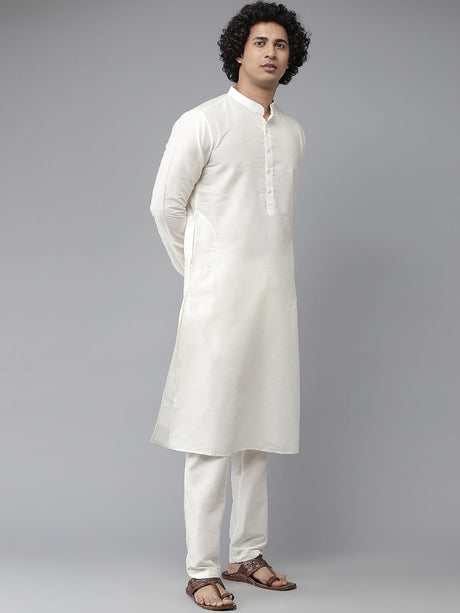 Buy Men's Off-White Silk Jacquard Woven Design Kurta Pajama Jacket Set Online - Back