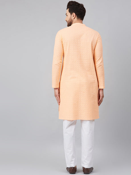 Buy Men's Peach Cotton Chikankari Embroidered Kurta Pajama Set Online - Back