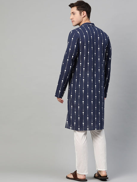 Buy Men's Navy Blue Cotton Printed Kurta Pajama Set Online - Back