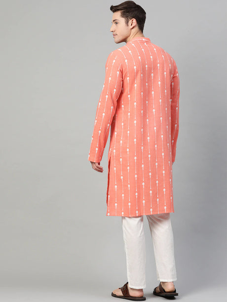 Buy Men's Peach Cotton Printed Kurta Pajama Set Online - Back