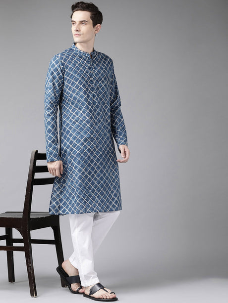 Buy Men's Blue Cotton Printed Straight Kurta Online