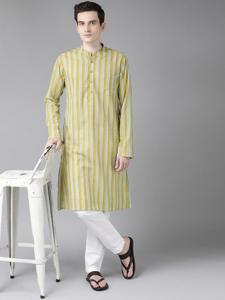 Buy Men's Yellow Cotton Stripe Printed Kurta Pajama Set Online