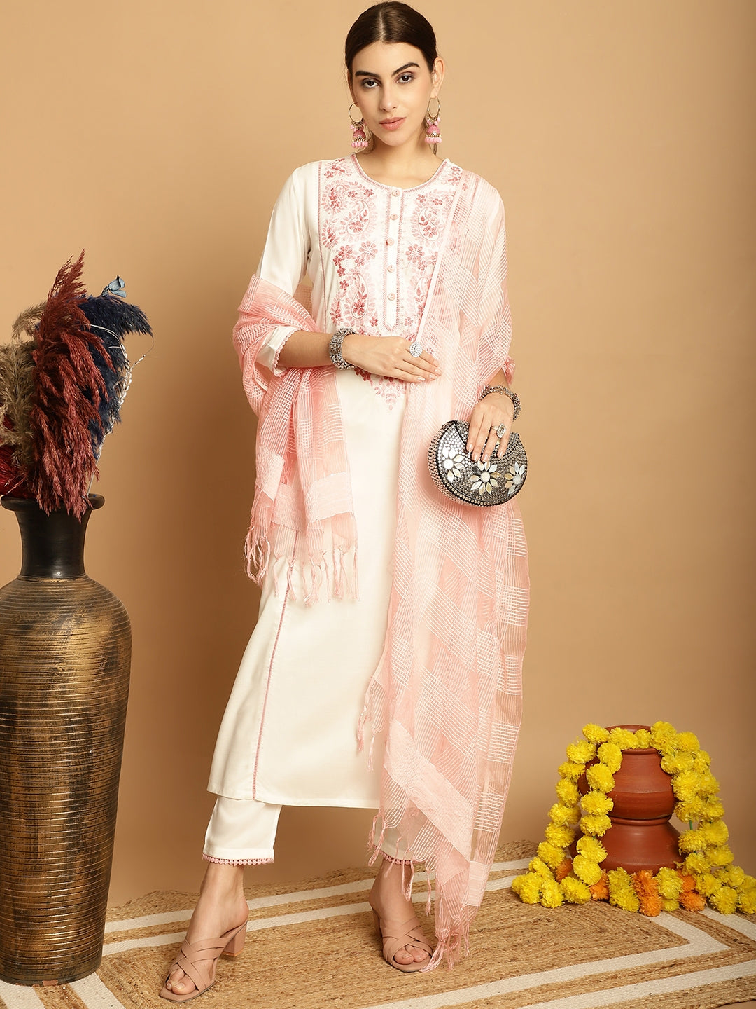 Off White  Rayon Printed Kurta Set