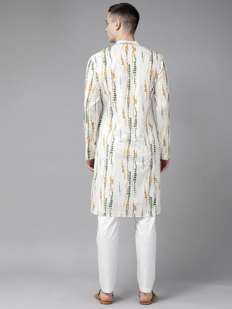 Buy Men's White Pure Cotton Tie And Dye Print Kurta Pajama Set Online - Side