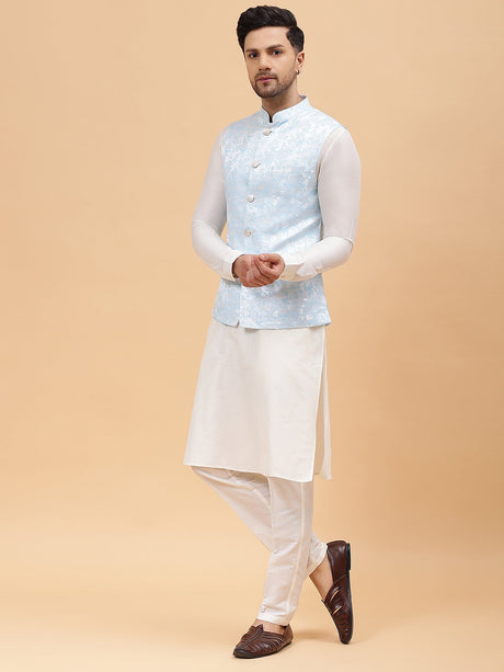 Buy Men's Turquoise Blue Art Silk Jacquard Woven Design Nehru Jacket Online