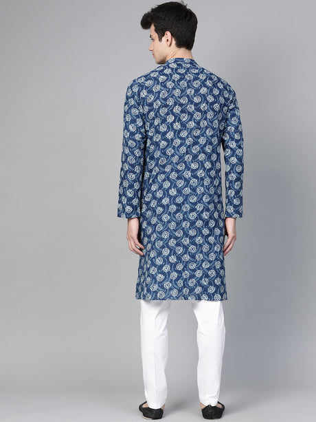 Buy Men's Blue Cotton Tie-And-Dye Block Prints Kurta Pajama Set Online - Front