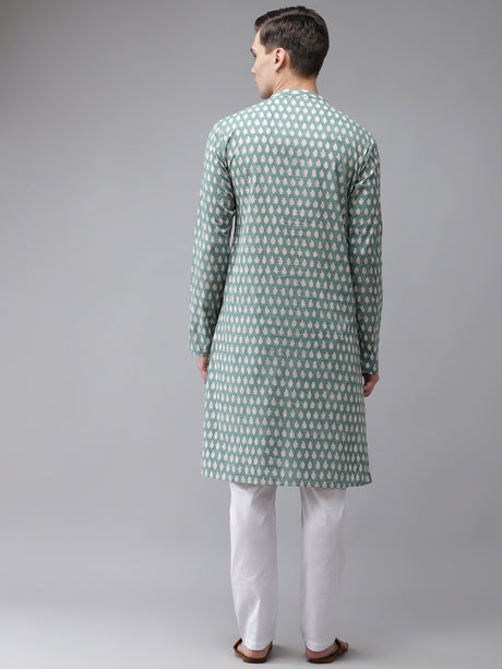 Buy Men's Green Cotton Hand Block Printed Kurta Pajama Set Online - Back