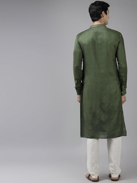 Buy Men's Green Cotton Woven Thread Work Straight Kurta Online - Back