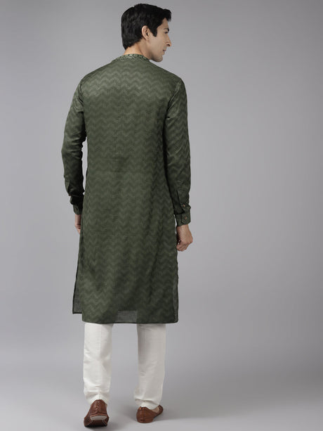 Buy Men's Green Art Silk Woven Thread Work Kurta Pajama Set Online - Back