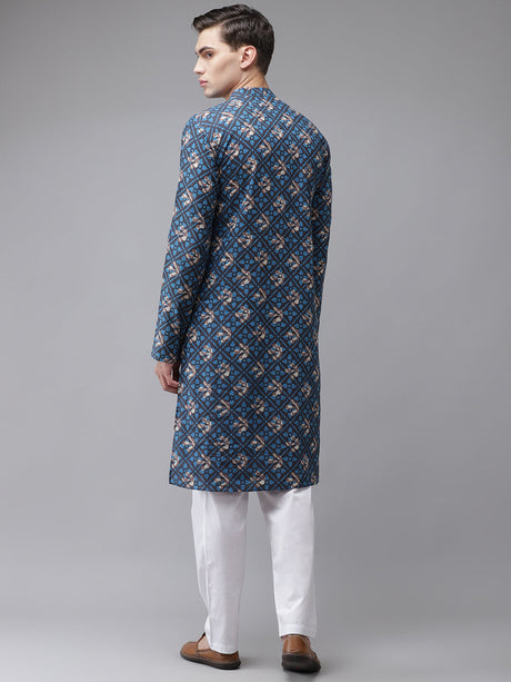 Buy Men's Blue Cotton Floral Printed Kurta Pajama Set Online - Back