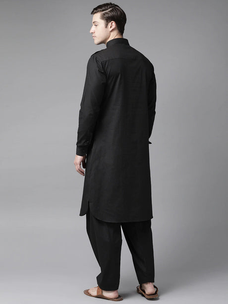 Buy Men's Black Cotton Solid Pathani Set Online - Back
