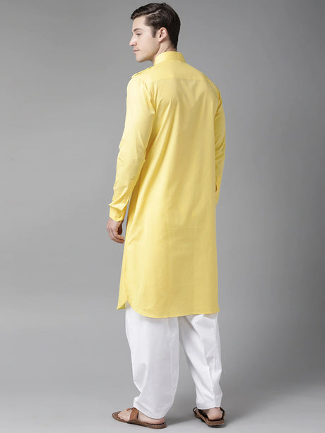 Buy Men's Yellow Cotton Solid Pathani Set Online - Front