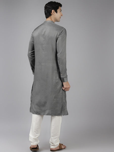 Buy Men's Grey Art Silk Woven Thread Work Kurta Pajama Set Online - Back