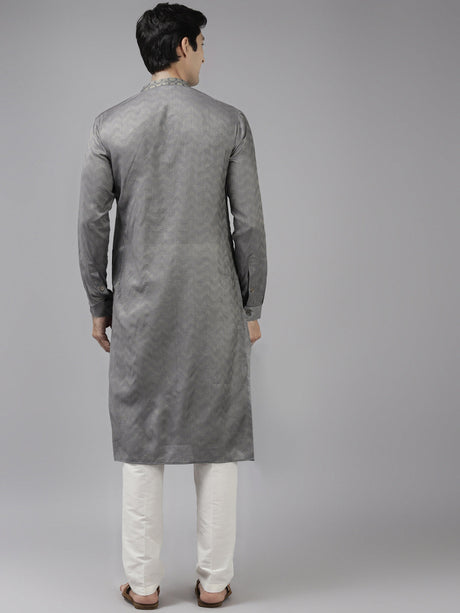 Buy Men's Grey Art Silk Woven Thread Work Kurta Pajama Set Online - Back