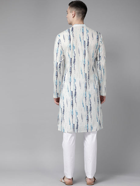 Buy Men's White Pure Cotton Printed Kurta Pajama Set Online - Side