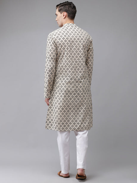 Buy Men's Beige Cotton Hand Block Print Straight Kurta Online - Back