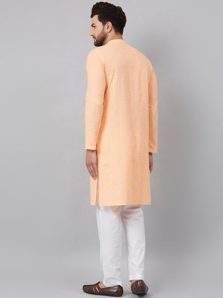 Buy Men's Peach Cotton Chikankari Embroidered Kurta Pajama Set Online - Back