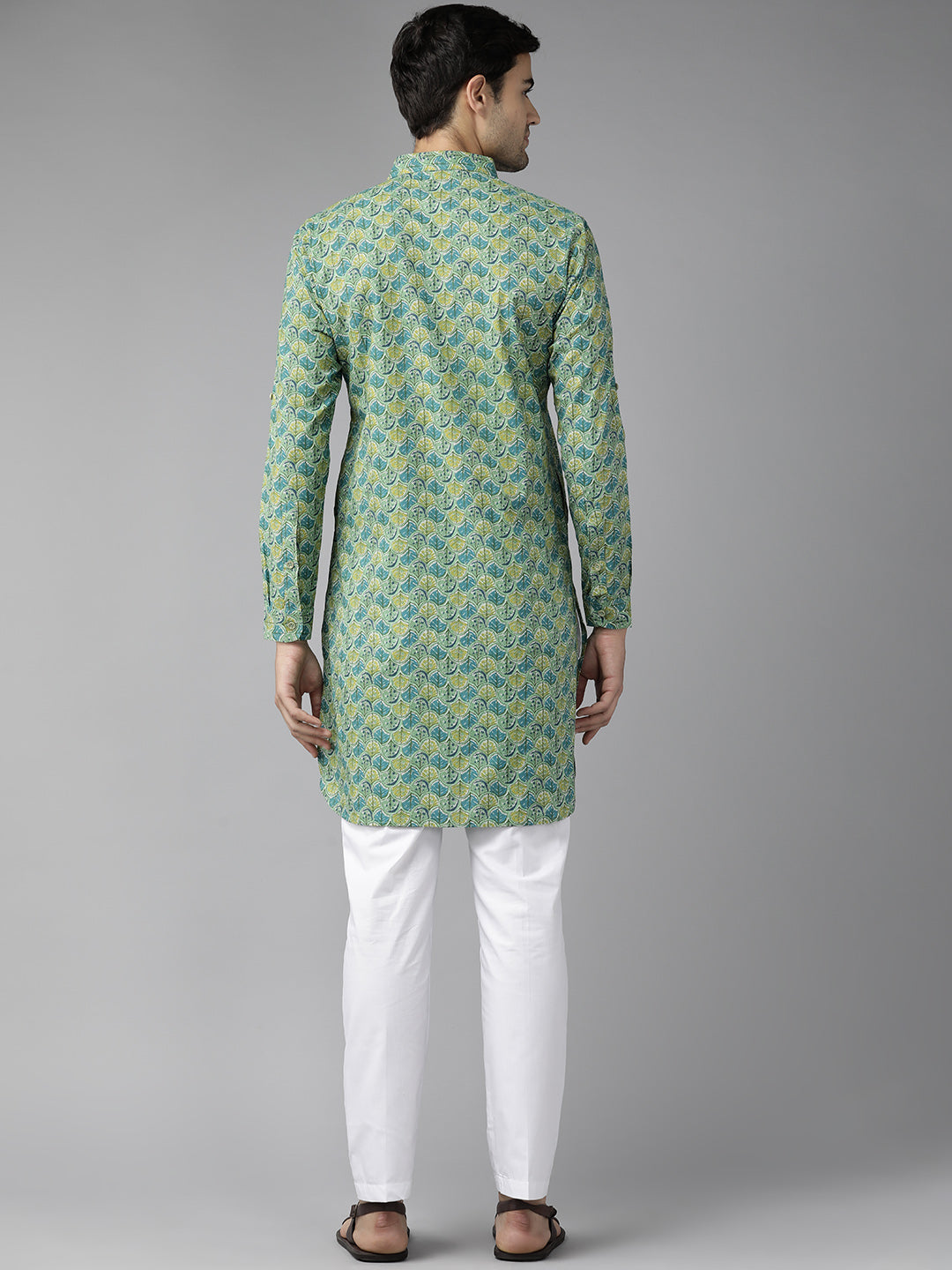 Buy Men's Green Pure Cotton Motif Printed Pathani Set Online - Side