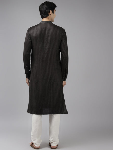 Buy Men's Olive Art Silk Woven Thread Work Kurta Pajama Set Online - Back