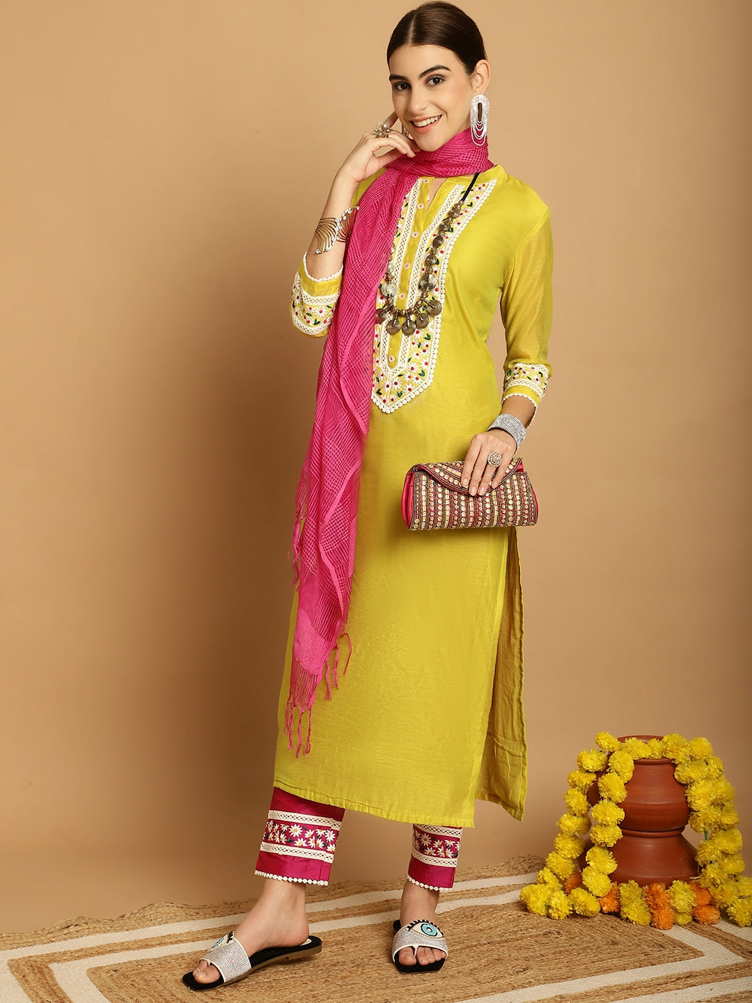 Yellow  Chanderi Printed Kurta Set