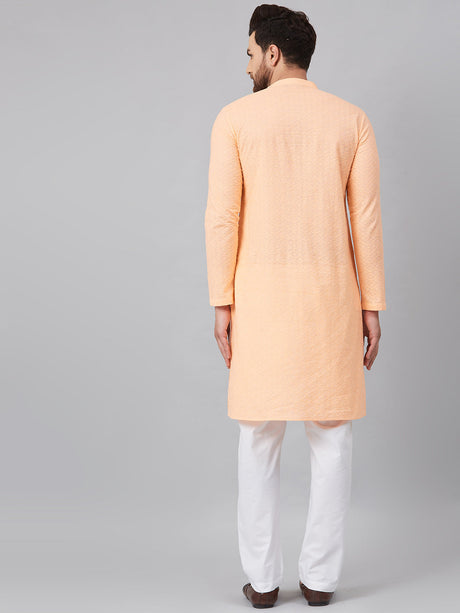 Buy Men's Peach Cotton Chikankari Embroidered Kurta Pajama Set Online - Back