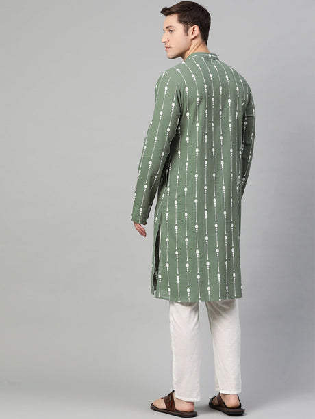 Buy Men's Green Cotton Printed Kurta Pajama Set Online - Back
