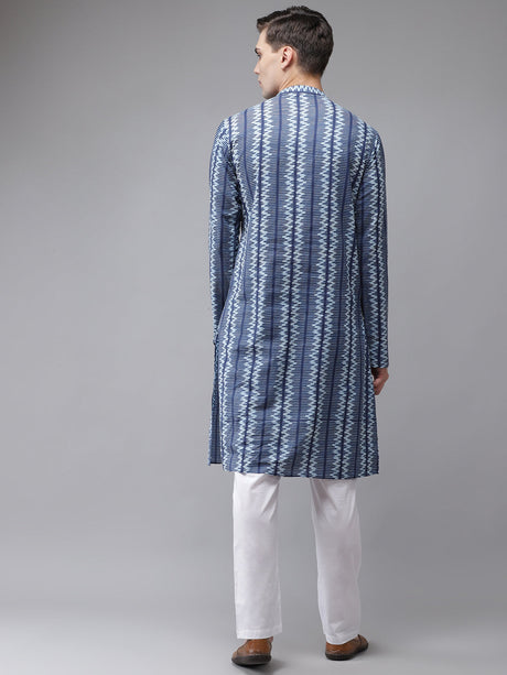 Buy Men's Blue Cotton Printed Straight Kurta Online - Back